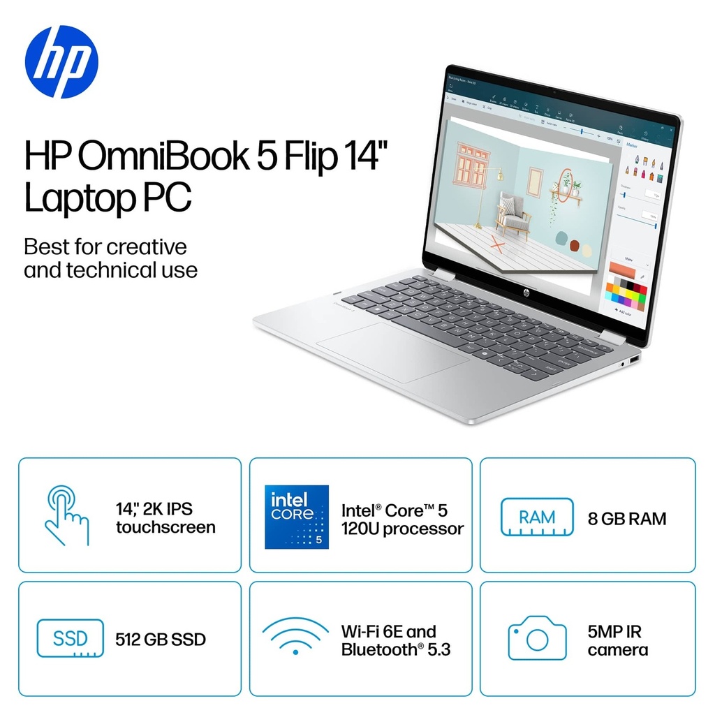 HP OmniBook 5 Flip 14-fp0013dx Laptop, 14" 2K IPS Touch Display, Intel Core 5 120U Processor, 8GB RAM, 512GB SSD, Intel Graphics, English keyboard, Windows 11 Home, Glacier Silver