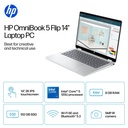 HP OmniBook 5 Flip 14-fp0013dx Laptop, 14" 2K IPS Touch Display, Intel Core 5 120U Processor, 8GB RAM, 512GB SSD, Intel Graphics, English keyboard, Windows 11 Home, Glacier Silver