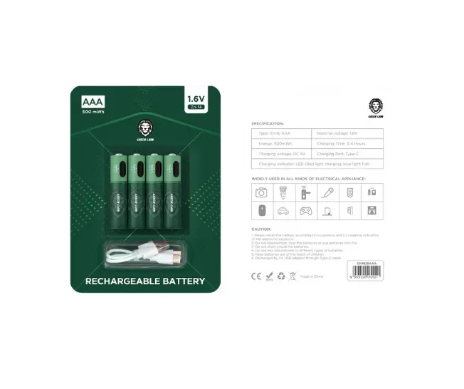 Green Lion Rechargeable Battery AAA ( 4pcs/pack ) 500mWh / 1.6V - Green
